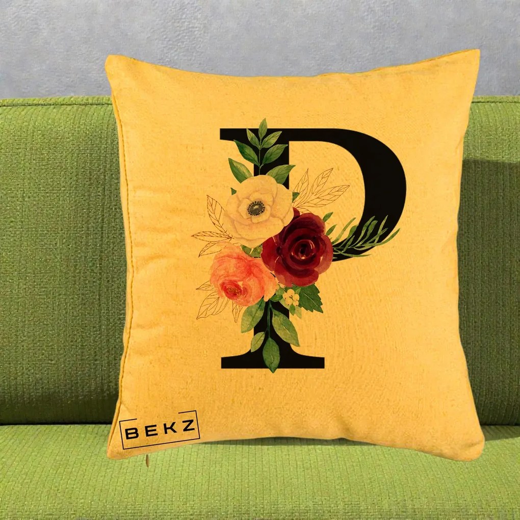 Cadou Personalizat - Perna Personalizata Monograma Florala Litera P, 40x40 cm, Galben, Husa Detasabila, Perna Inclusa, BEKZ®