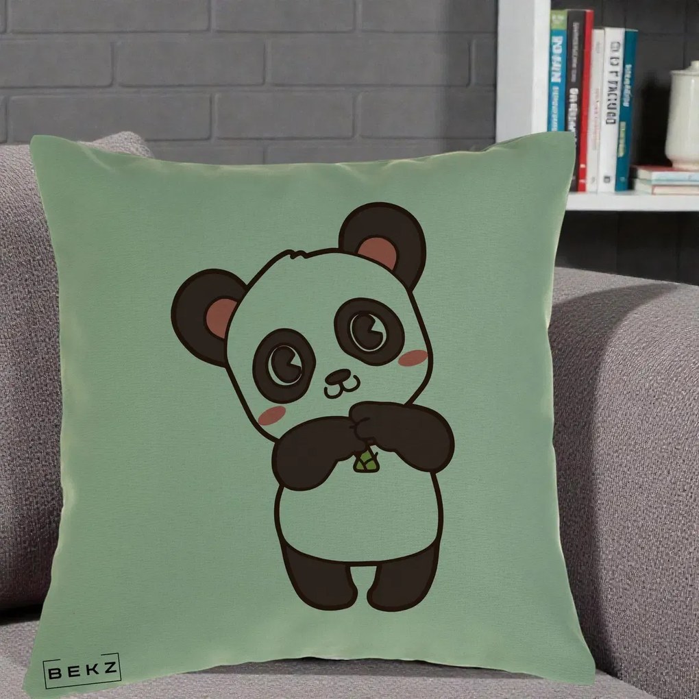 Perna Personalizata Panda Kawaii cu Bambus, 40x40 cm, Verde, Husa Detasabila, Perna Inclusa, BEKZ®