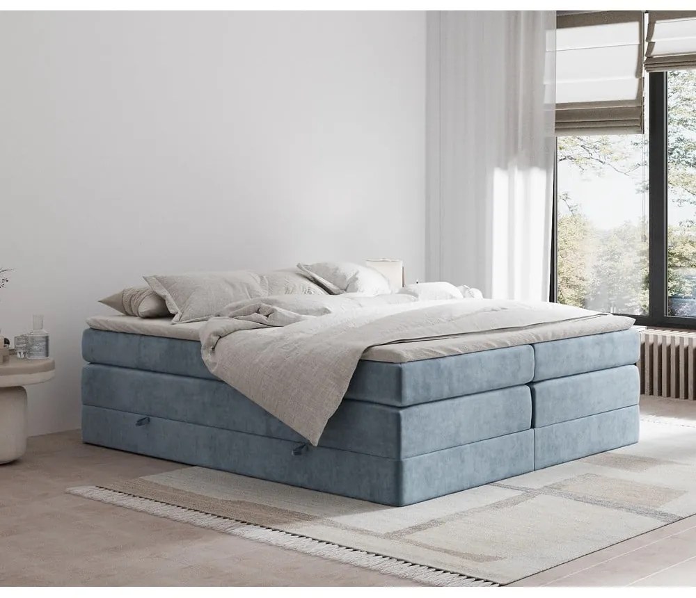 Pat boxspring albastru cu spațiu de depozitare/fără tăblie 200x200 cm Juniper – Maison de Rêve