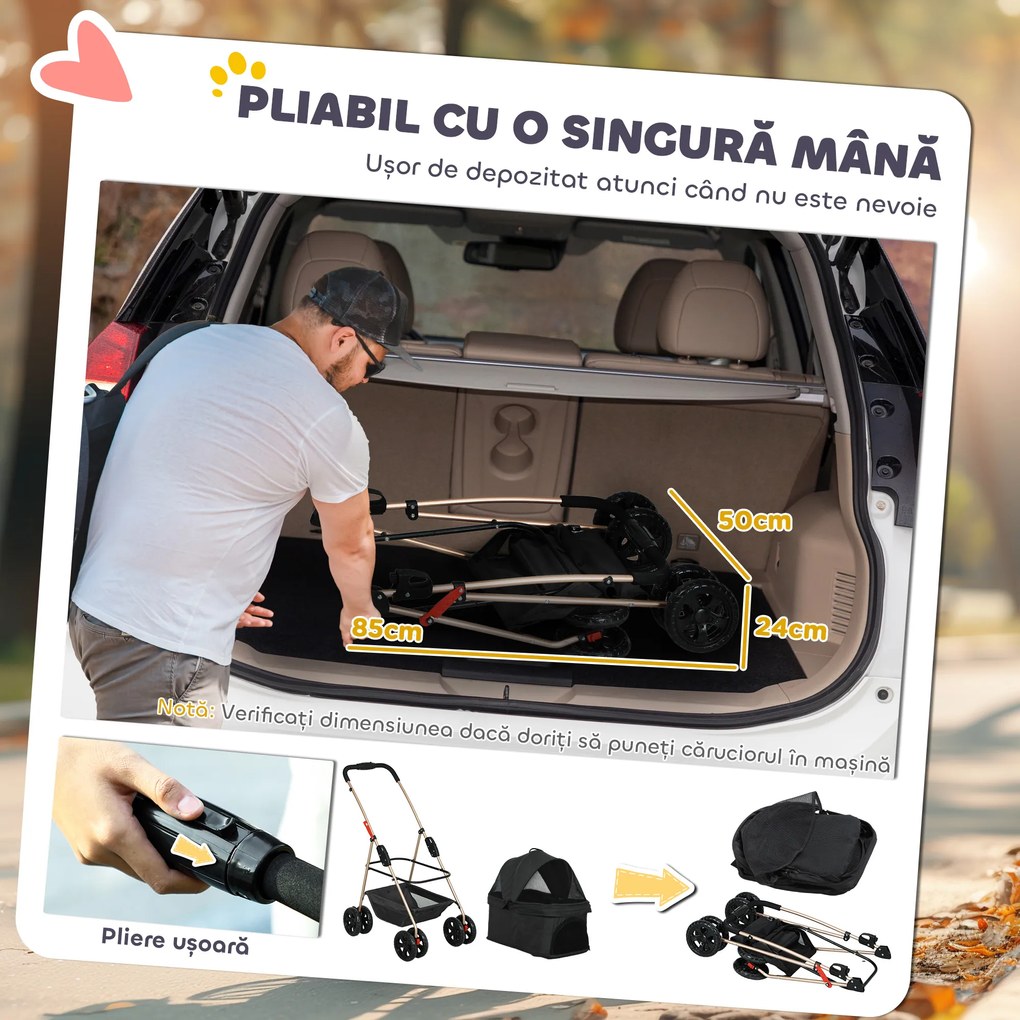 PawHut Cărucior pentru Animale de Companie 3 în 1 cu 4 Roți și Geantă de Transport Detașabilă, 76x50x102 cm, Negru | Aosom Romania