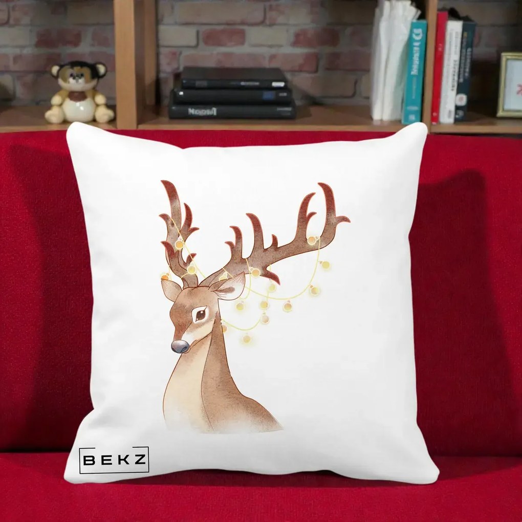 Perna Decorativa Ren cu Luminite de Craciun, 40x40 cm, Alba Mata, Husa Detasabila, Perna Inclusa, BEKZ®