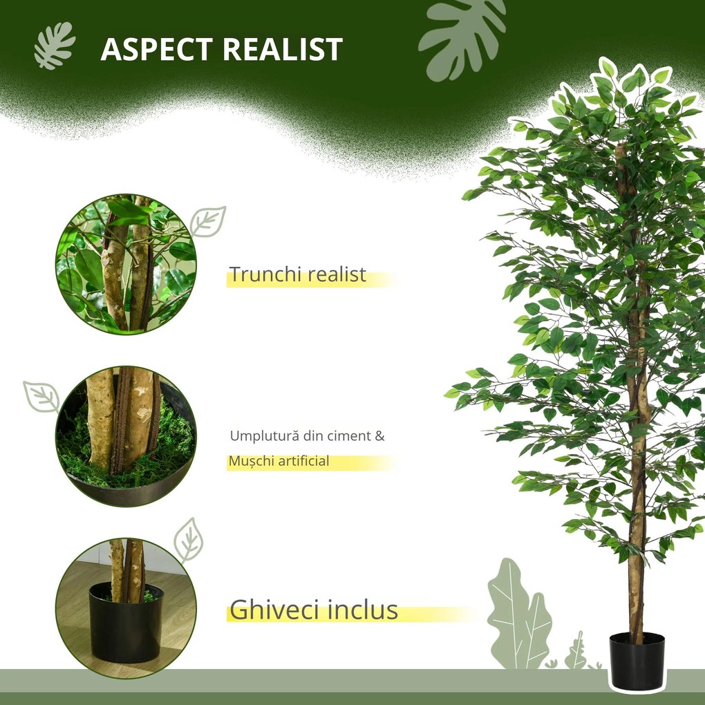 HOMCOM Plantă Artificială de Ficus cu 1260 Frunze, Plantă Artificială cu Ghiveci Inclus, Ø17,5x14,5 cm, Verde | Aosom Romania