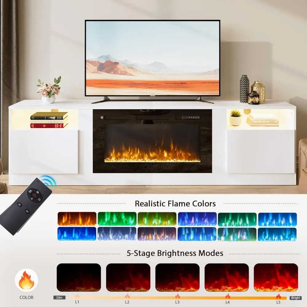 Comodă TV cu șemineu electric LED integrat – 178×35×59 cm, 12 culori flacără, Încălzire 750/1500 W, Telecomandă, Alb