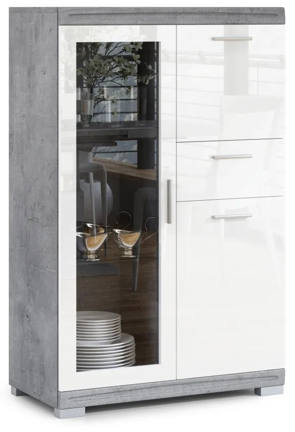 Mazzoni Comodă SIMPLE KWD3SZ1 Beton Millennium/Alb Luciu - VITRINA DULAP CU RAFTURI PENTRU LIVING STICLĂ CU LUCIU