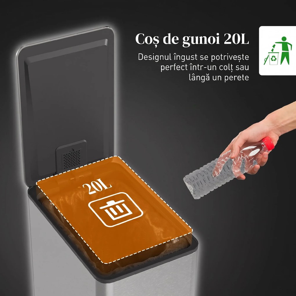 HOMCOM Coș de Gunoi de 20L Antiamprentă cu Închidere Lentă și Găleată Detașabilă, Coș cu Pedală, pentru Bucătărie, Living, Birou și Studiu, 21.5x37.2x57 cm, Argintiu | Aosom Romania