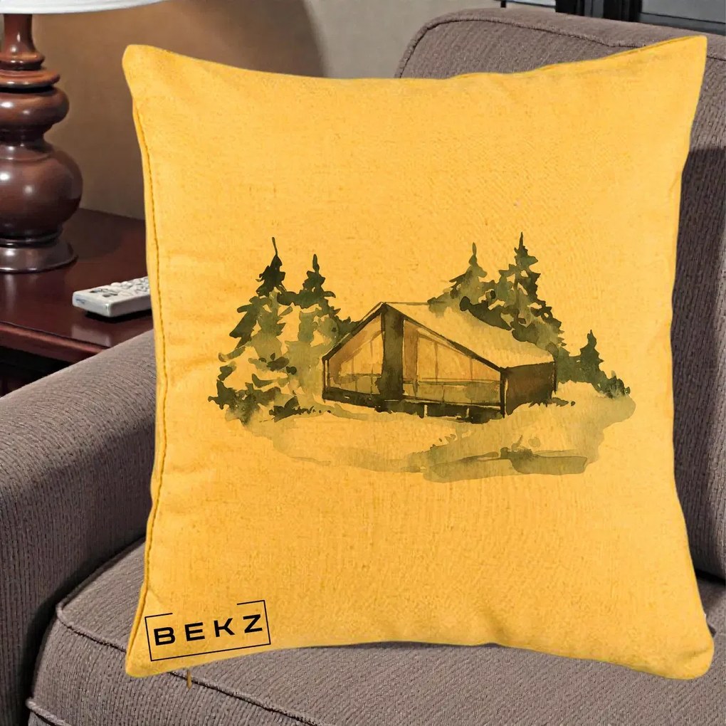 Perna Decorativa Cabana de Iarna in Padure, 40x40 cm, Galben, Husa Detasabila, Perna Inclusa, BEKZ®