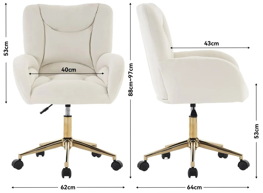 Scaun rotativ reglabil pe înălțime, din material de catifea și picioare aurii, design ergonomic, pentru birou, dormitor, 62x64x88-97 cm, Fildeș
