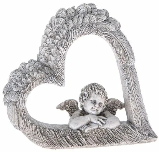 Decorație inimă cu înger, gri, poliresină, 26 x 15x 38 cm