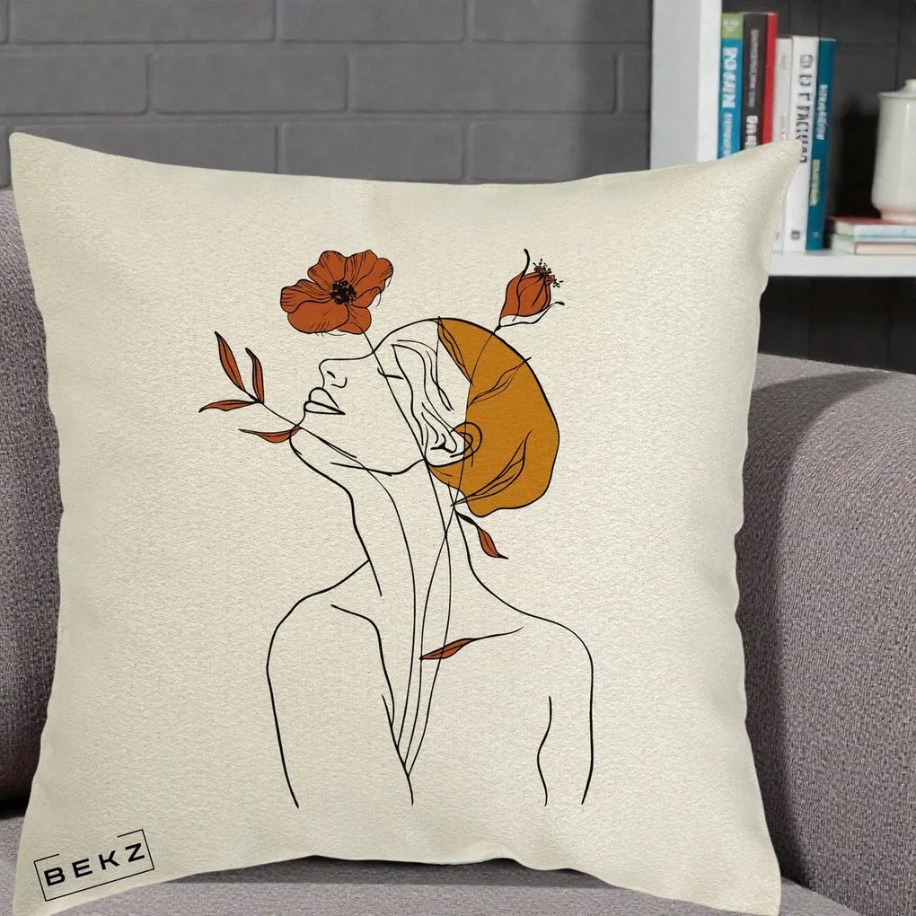 Perna Decorativa Portret Feminin Mac Privire Inalta, 40x40 cm, Ecru, Husa Detasabila, Perna Inclusa, BEKZ®