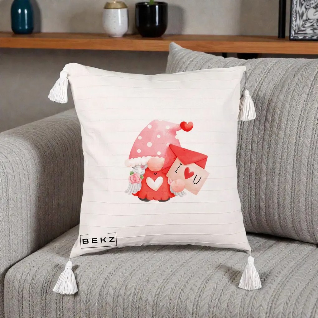 Cadou Romantic - Perna Personalizata I Love You Gnome Valentine cu Scrisoare, 40x40 cm, Bej cu Franjuri, Husa Detasabila, Perna Inclusa, BEKZ®