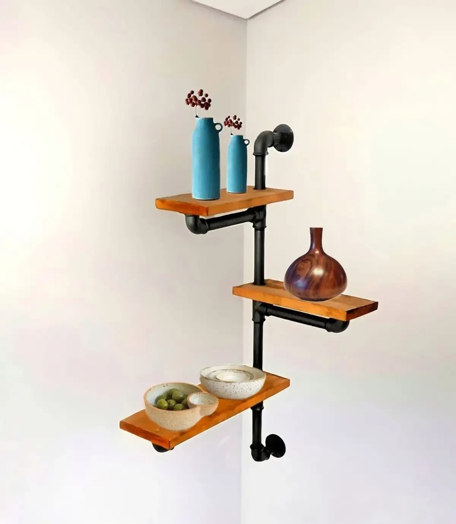 Raft cu 3 polite stil industrial din lemn-metal Homs 70 X 12 X 57 cm