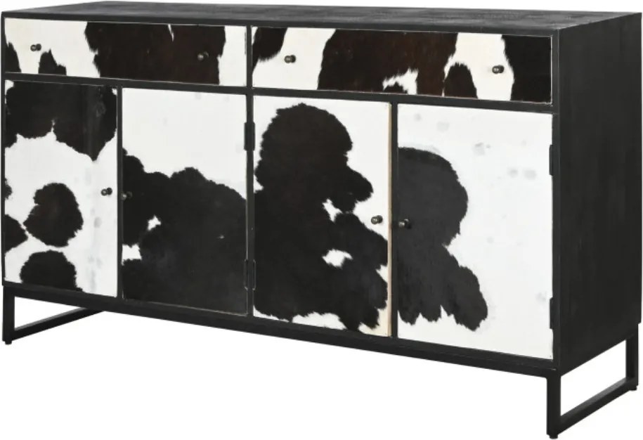 Bufet din lemn de mango și metal, negru, cu 4 uși și 2 sertare din piele de vacă cu păr, finisaj mat, 90 x 172 x 45 cm, „Vachette”