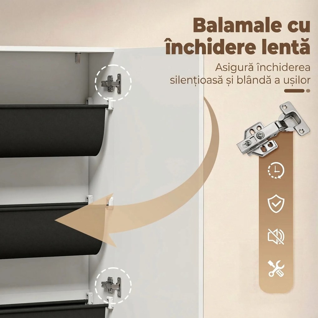 HOMCOM Dulap pentru Pantofi cu Oglindă, Uși Reversibile cu 5 Rafturi din Material Textil, 50 x 20 x 180 cm, Alb | Aosom Romania