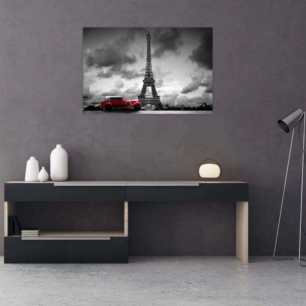 Tablou - Turnul Eiffel și mașina roșie (90x60 cm)