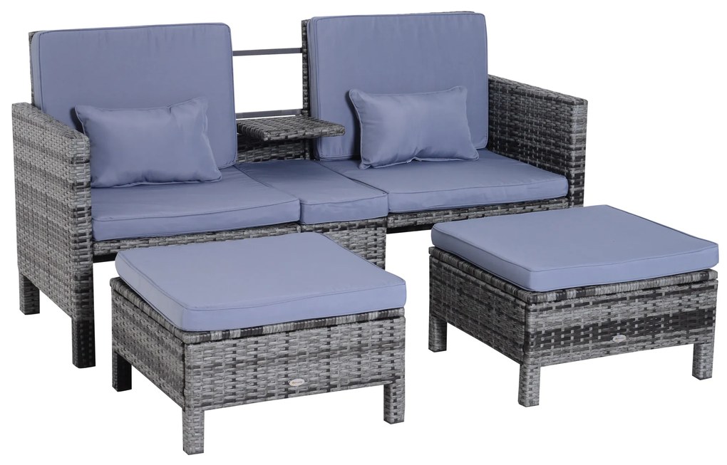 Outsunny Set Mobilier de Grădină, Scaun de Grup, 3 Piese, Canapea de Exterior, 2 Taburete, 2-5 Persoane, Perne de șezut, Ratan, gri | Aosom Romania