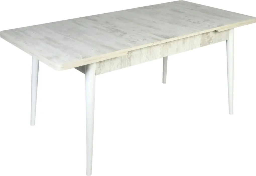 Set masa extensibila cu 4 scaune tapitate Homs cristal  bej-gri-picior-alb-170 x 80 cm