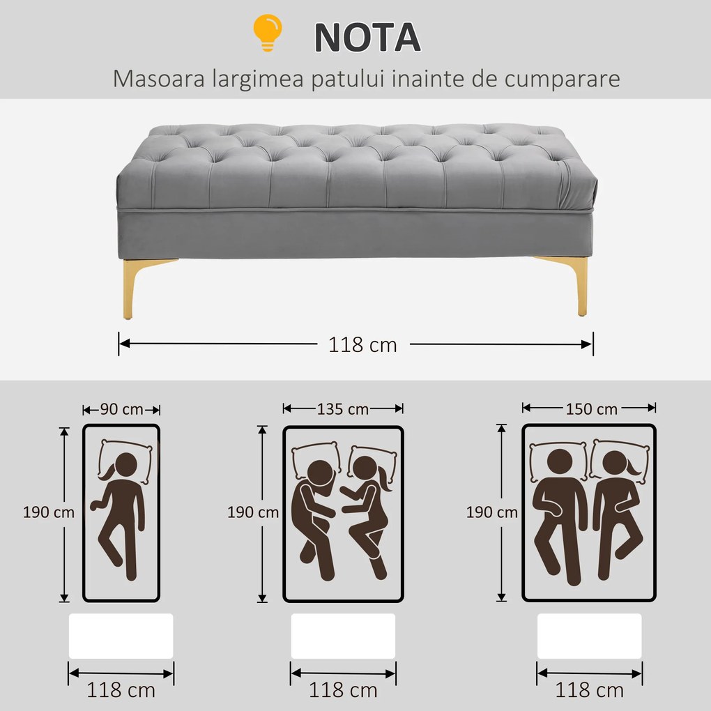 HOMCOM Banca Hol din Tesatura Catifelata, Picioruse Metalice, Banca Capitonata la capatul Patului Gri, 118x45x42cm | Aosom Romania