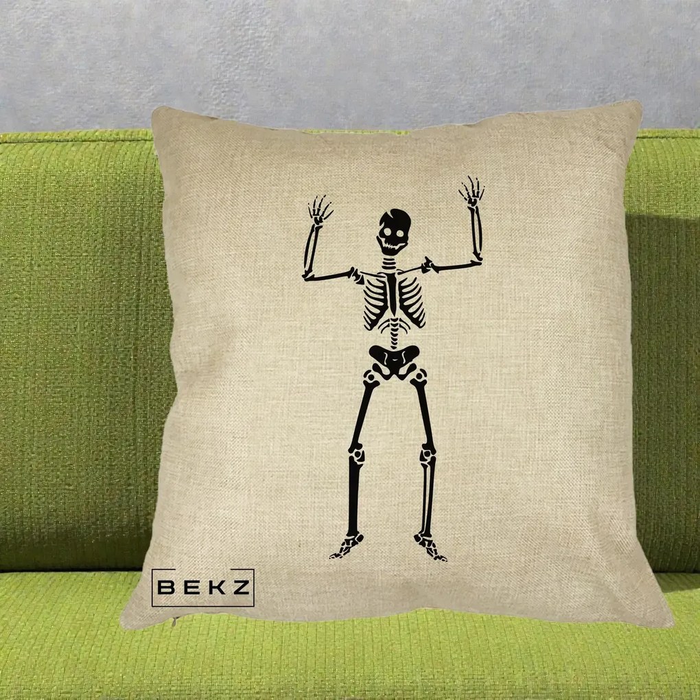 Perna Decorativa Halloween Schelet Dansator, 40x40 cm, Crem, Husa Detasabila, Perna Inclusa, BEKZ®