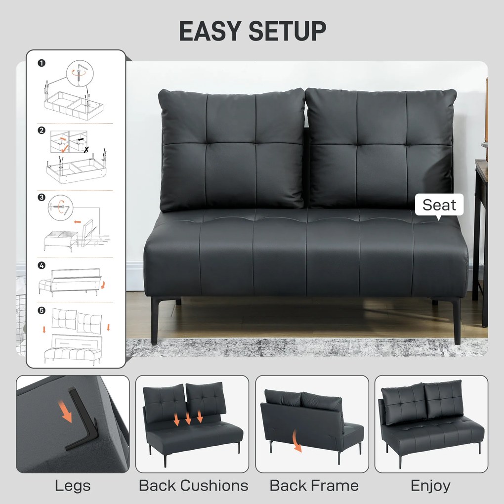 HOMCOM Divan cu Două Locuri Compact din Piele Sintetică, Divan Modern Capitonat cu Nasturi cu Îmbunătățire Spumoasă și Picioare din Lemn, Canapea Fără Brațe pentru Sufragerie și Birou, 115x73x83 cm, Negru | Aosom Romania