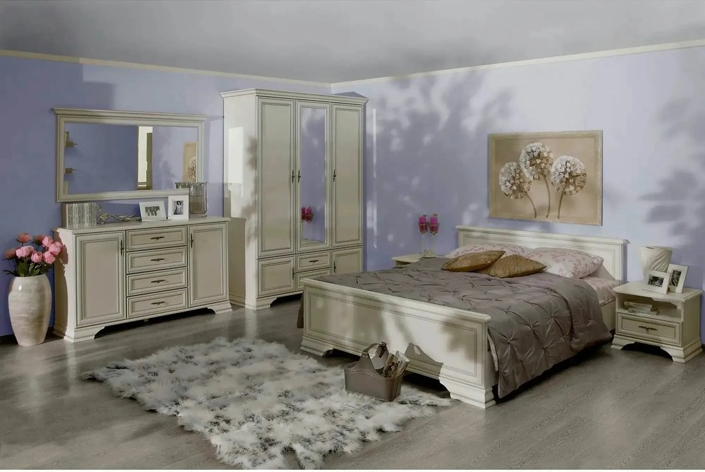 Mobilier dormitor alb IDENTO, cu pat 160x200, dulap cu 5 usi si 2 sert