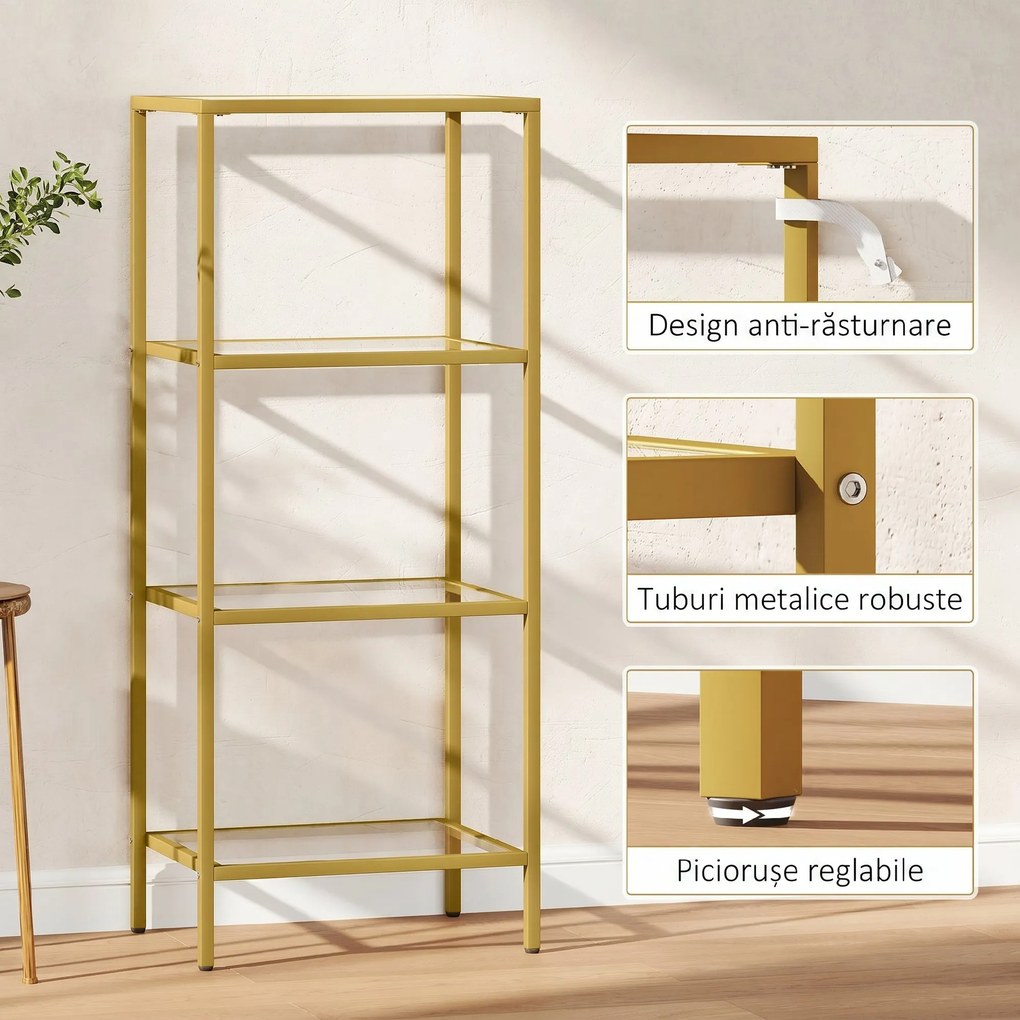 HOMCOM Unitate de Rafturi cu 4 Nivele, Raft de Sticlă, Raft de Stocare Vertical pentru Sufragerie, Birou Acasă, Dormitor, Baie, Tonuri de Aur | Aosom Romania