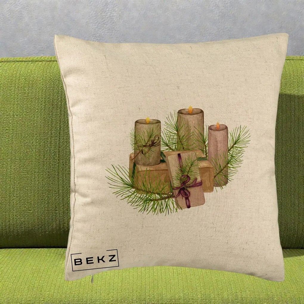Perna Decorativa Lumanari cu Cadouri Naturale, 40x40 cm, Bej, Husa Detasabila, Perna Inclusa, BEKZ®