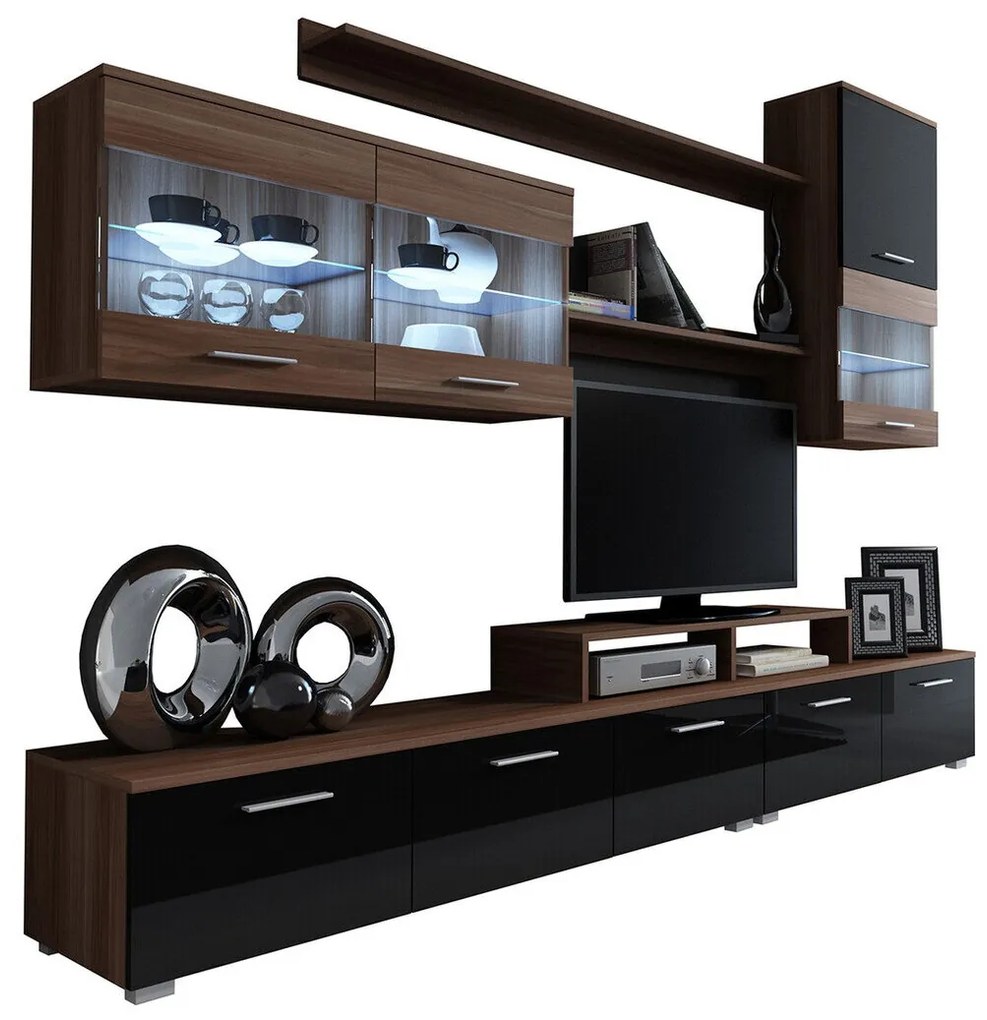 Camera de zi Charlotte 105Prun, Negru lucios, Cu comodă tv, Părți separate, MDF, PAL laminat, Sticlă, 300x42cm, 94 kg