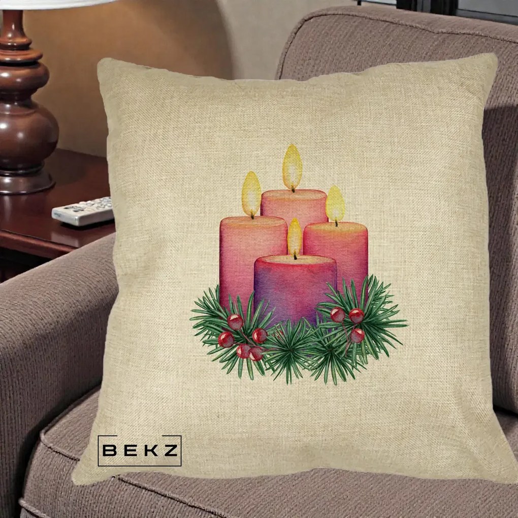 Perna Decorativa Lumanari Advent Roz-Violet, 40x40 cm, Crem, Husa Detasabila, Perna Inclusa, BEKZ®