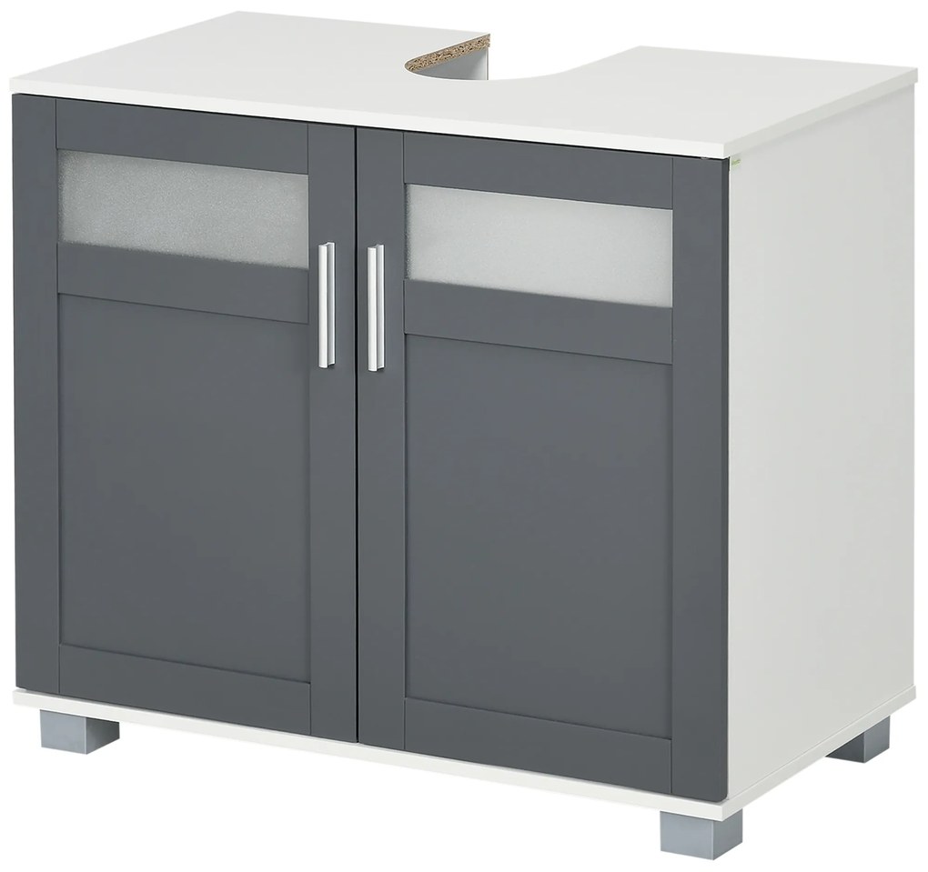 kleankin Dulap pentru sub lavoar Dulap de baie sub lavoar cu 2 uși din sticlă securizată 69x35x59 cm Alb și Gri | Aosom Romania