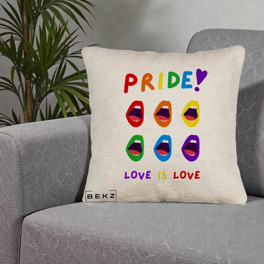 Perna Personalizata Pride Love is Love Curcubeu, 40x40 cm, Bej Canapea, Husa Detasabila, Perna Inclusa, BEKZ®