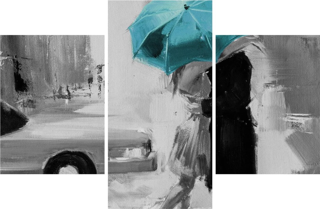 Tablou - Cuplu în dragoste cu umbrelă, albastru (90x60 cm)