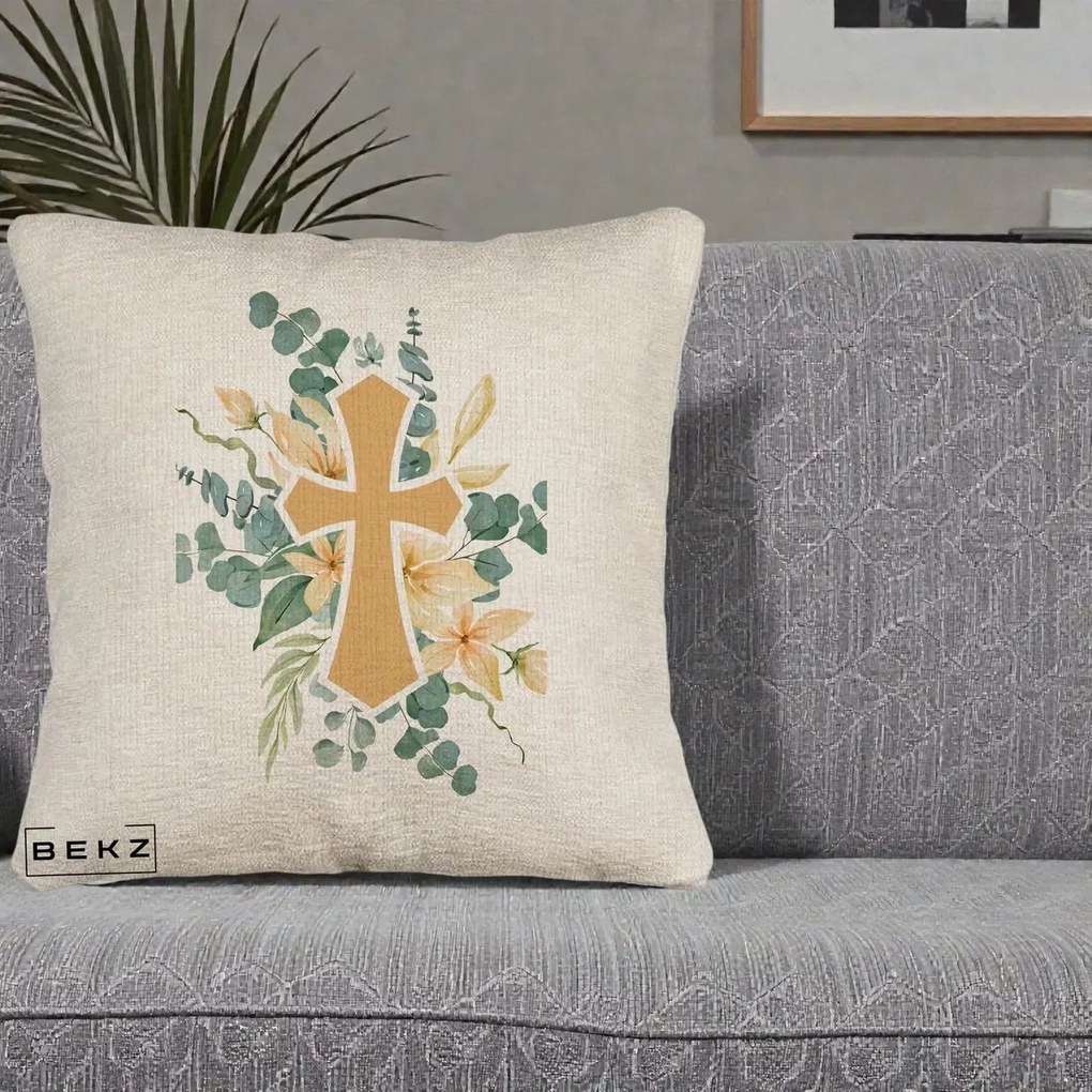 Perna Personalizata Cruce Florala Botez, 40x40 cm, Bej Canapea, Husa Detasabila, Perna Inclusa, BEKZ®