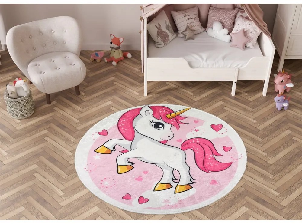 Covor pentru copii roz lavabil ø100 cm Pink Unicorn – Vitaus