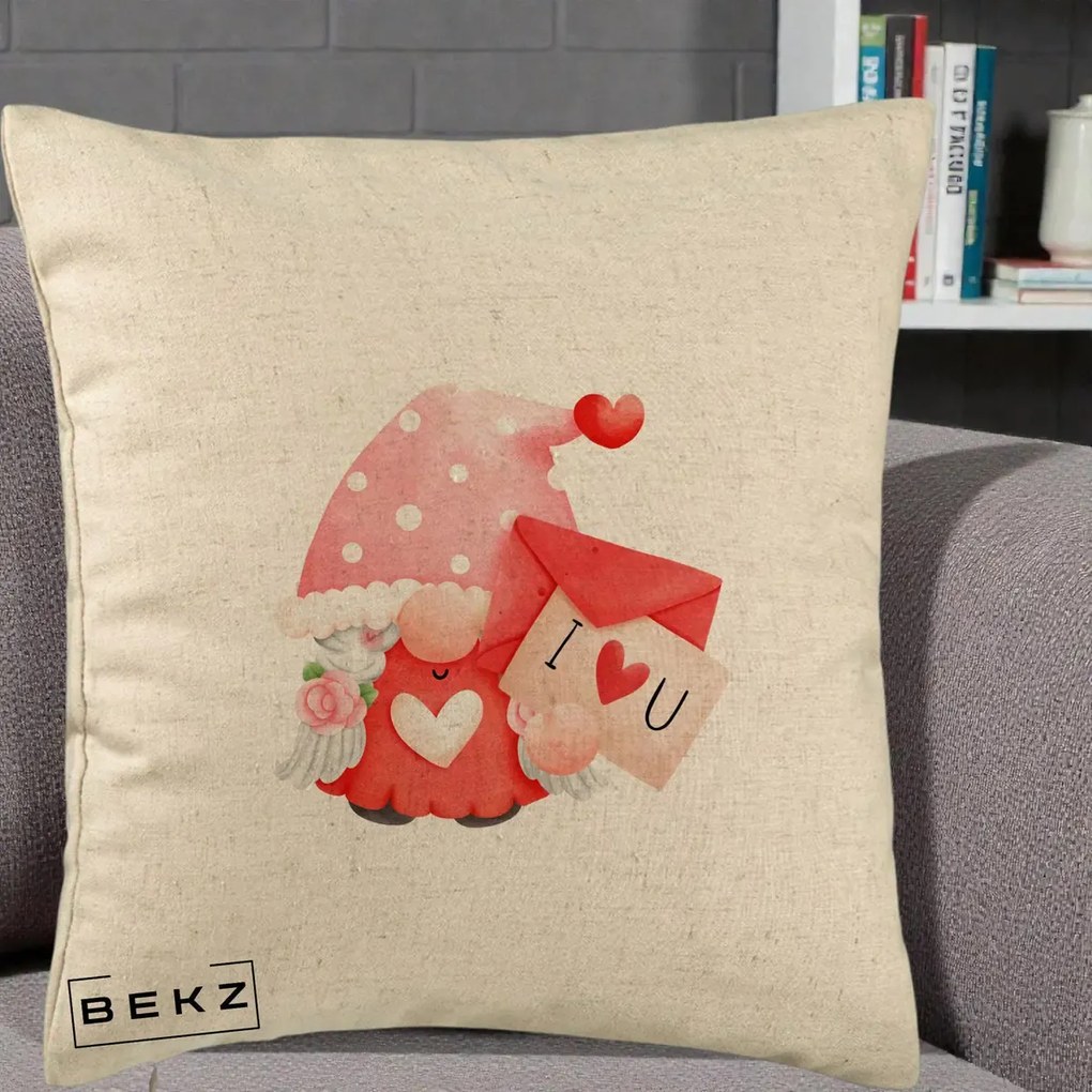 Cadou Romantic - Perna Personalizata I Love You Gnome Valentine cu Scrisoare, 40x40 cm, Bej, Husa Detasabila, Perna Inclusa, BEKZ®