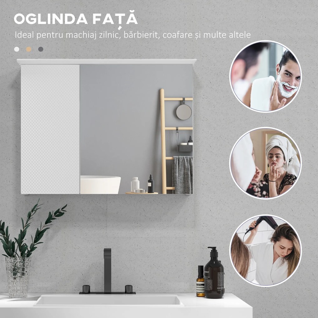 HOMCOM Dulap cu Oglindă și Rafturi Reglabile pe 3 Nivele, Oglindă de Perete din Sticlă și Lemn, 65x15x49 cm, Alb | Aosom Romania