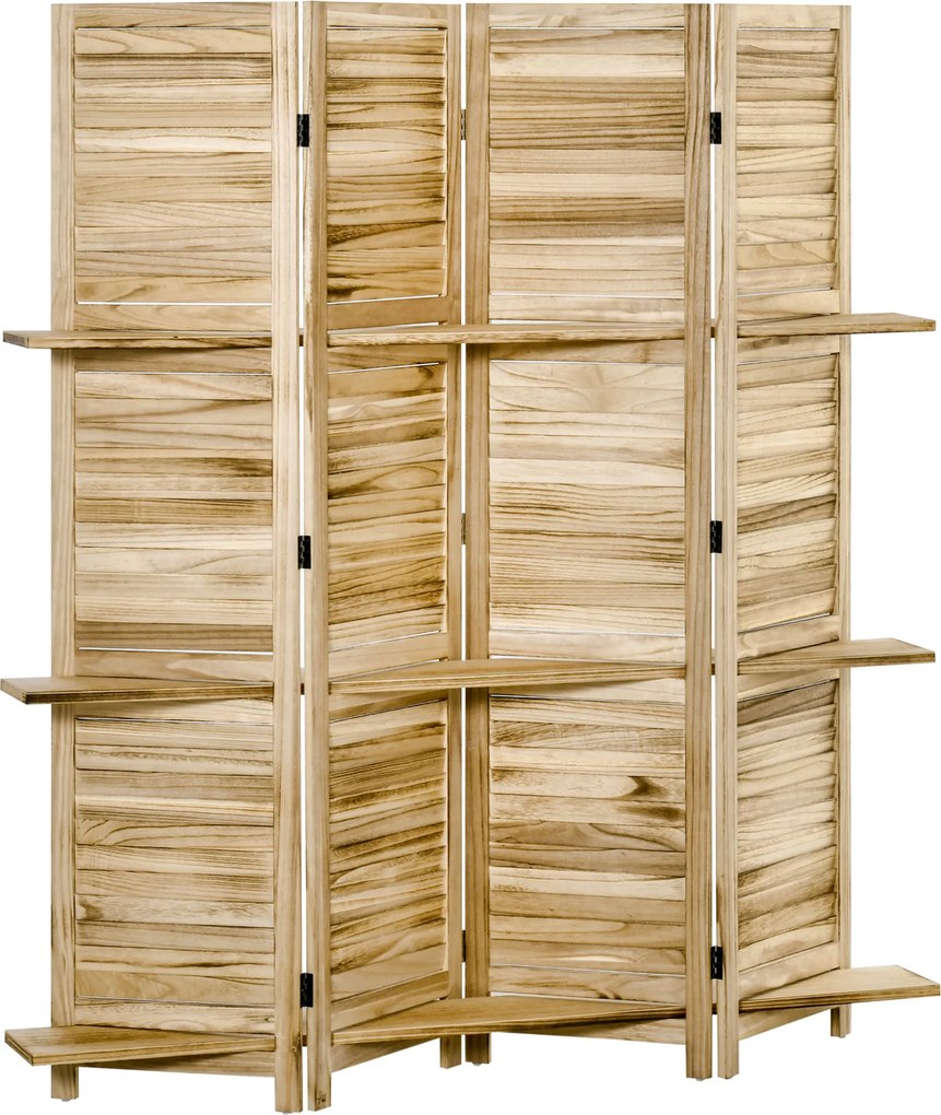 HOMCOM Paravan separator interior pliabil cu 4 panouri și rafturi din lemn de paulownia, 162x170 cm, Lemn | Aosom Romania