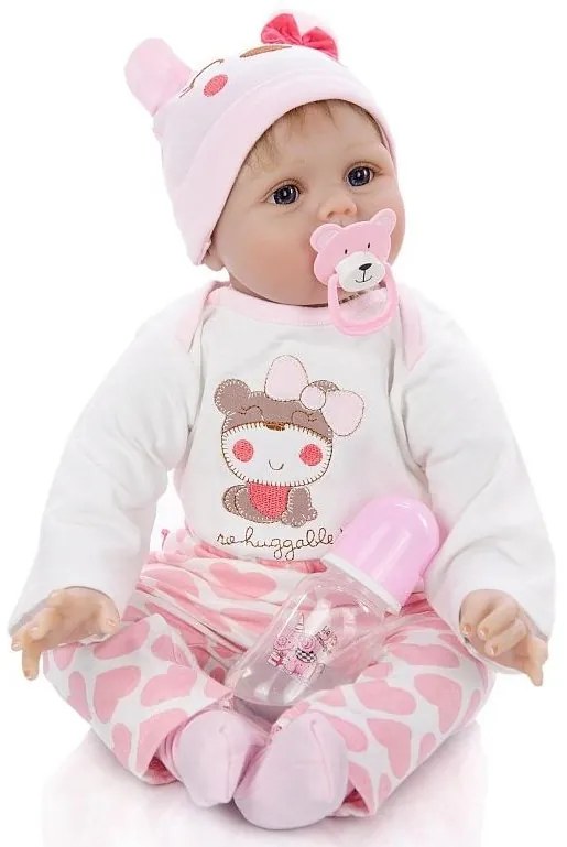 Papusa bebelus cu aspect realist, hainute roz, 5 accesorii, suzeta magnetica, 55 cm
