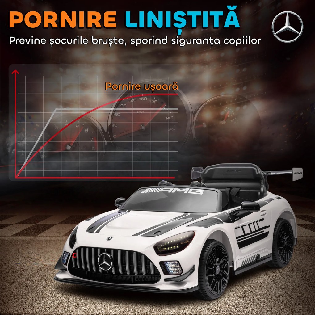 AIYAPLAY Mașinuță Electrică pentru Copii 3-8 Ani Mercedes-AMG 12V cu Telecomandă, Lumini LED, Roți de Transport, Alb | Aosom Romania