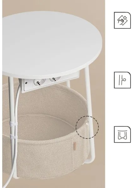 Masă laterală NOIRA, bej/alb, cu prize și porturi USB încorporate