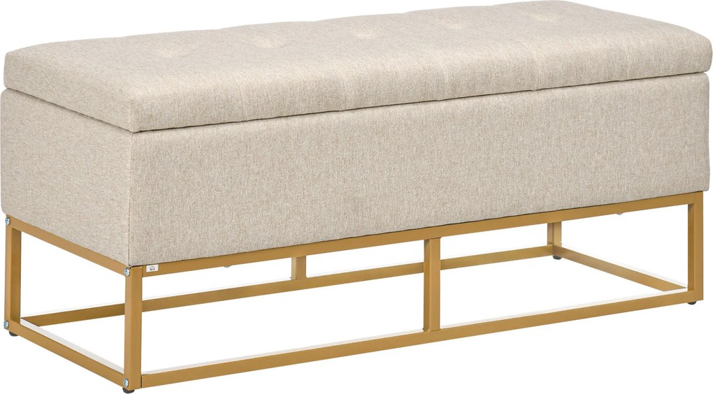 HOMCOM Bancă de Depozitare cu Șezut, Bancă Tapițată Dreptunghiulară, Taburet din Stofă de In cu Picioare de Oțel, 110x44x48 cm, Bej | Aosom Romania