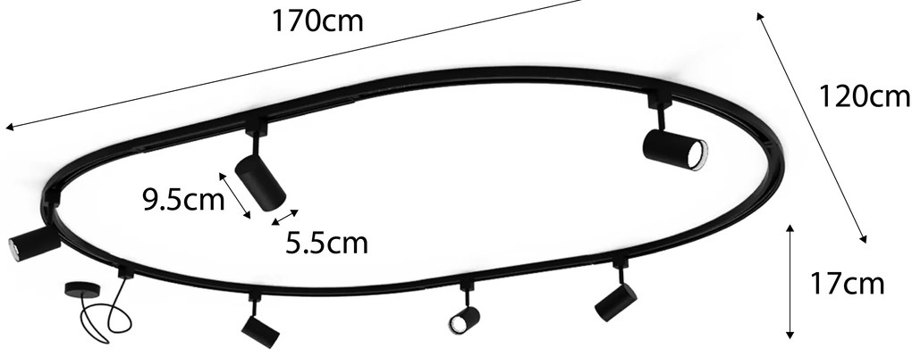 Sistem modern de iluminat pe șine cu 6 spoturi albe monofazate oval 100cm - Iconic Jeana