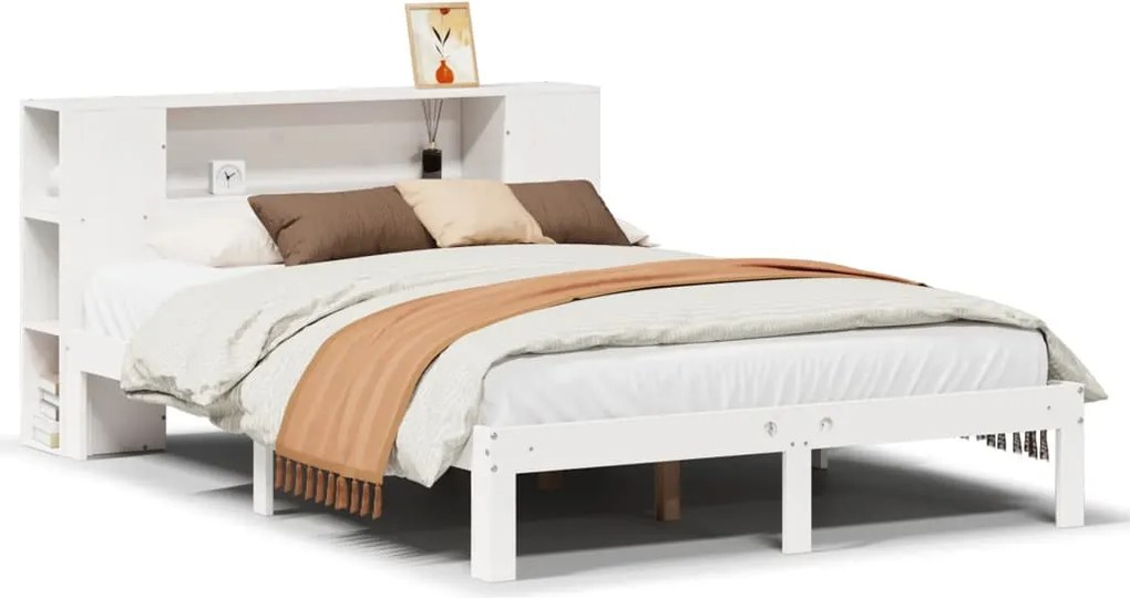 vidaXL Pat cu bibliotecă fără saltea, alb, 135x190 cm, lemn masiv pin