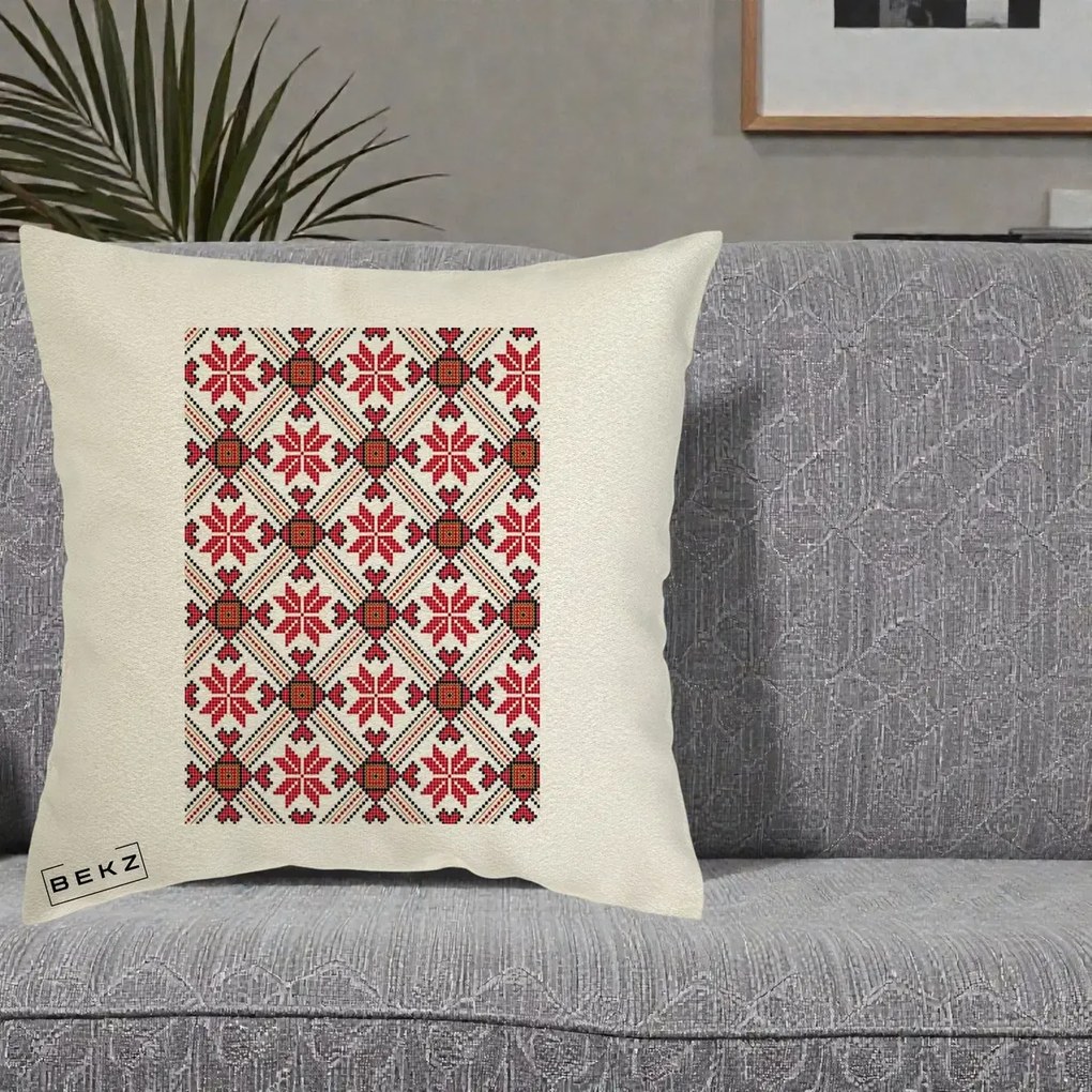Perna Personalizata Motiv Traditional Ie Romaneasca Rosu, 40x40 cm, Ecru, Husa Detasabila, Perna Inclusa, BEKZ®