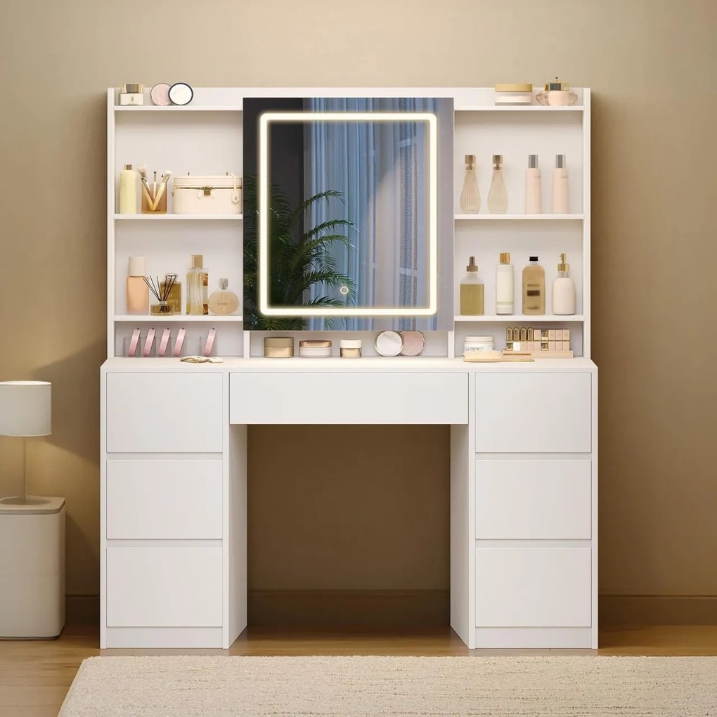 SEA4 - Set Masa toaleta 108 cm, 7 Sertare, rafturi, Oglinda cu LED, Organizator Bijuterii, masuta vanity, make-up - Alb