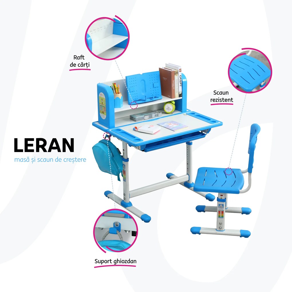 Birou de creştere şi scaun, roz/alb, set LERAN