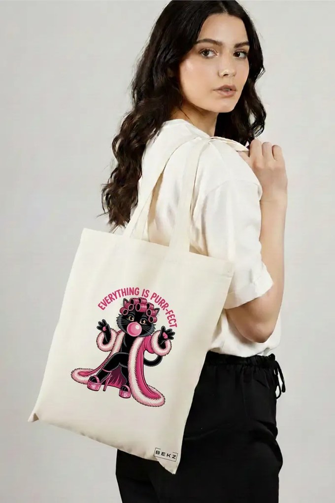Sacosa de Panza pentru Cumparaturi, Geanta Tote, model Everything is purr-fect 38 x 34.5 cm, Alba, BEKZ®