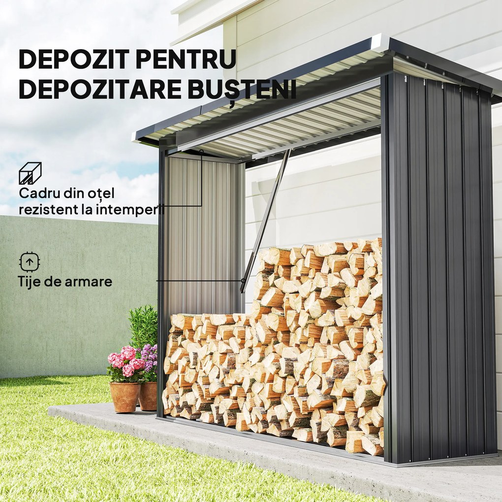 Outsunny Adăpost pentru Lemne din Oțel Exterior, Bază Ridicată și Acoperiș Înclinat, 213x66.5x150 cm, Gri Închis | Aosom Romania