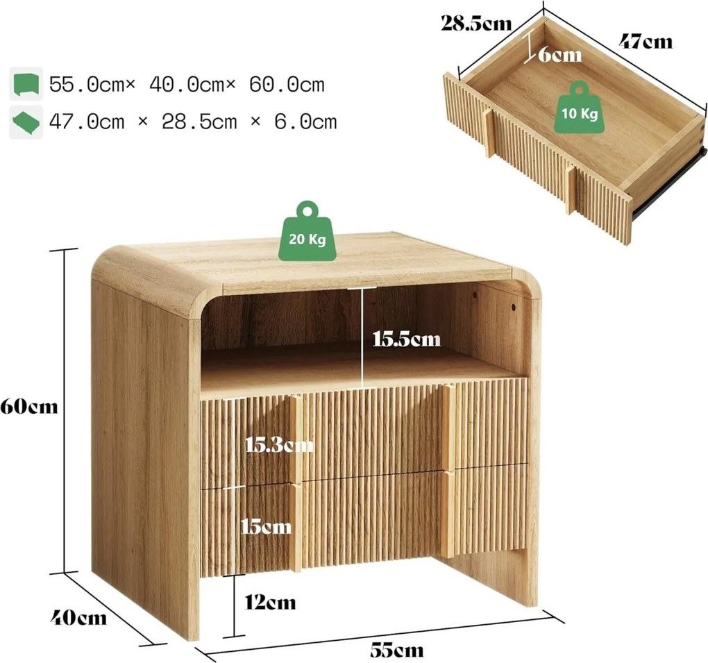 Set 2x Noptiere 55 x 40 x 60 cm, cu 2 sertare si raft, dormitor, Noptiere moderne cu Riflaj - NOM1