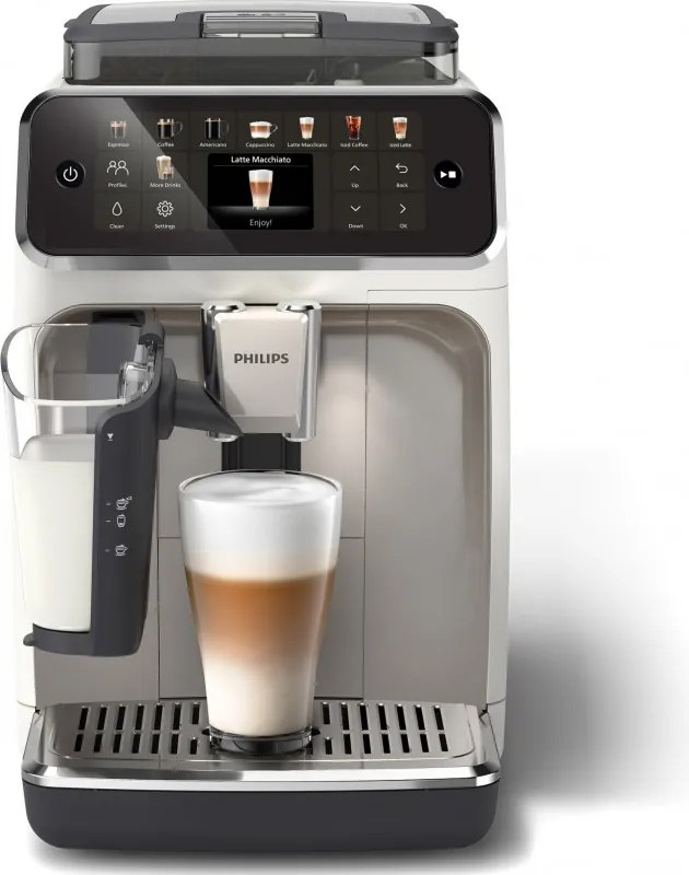 Espressor automat Philips LatteGo 5500 EP5543/90, 1500 W, 15 bar, 1,8 l, 20 bauturi, LatteGo, SilentBrew, QuickStart, Rasnita ceramica, Ecran tactil, Alb cromat