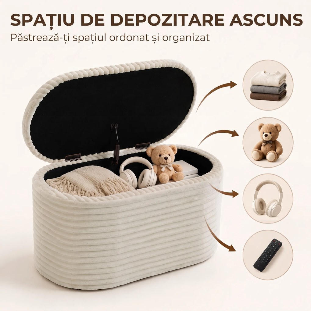 HOMCOM Set 3 piese cu spațiu de depozitare din catifea raiată, pentru living și dormitor, crem | Aosom Romania